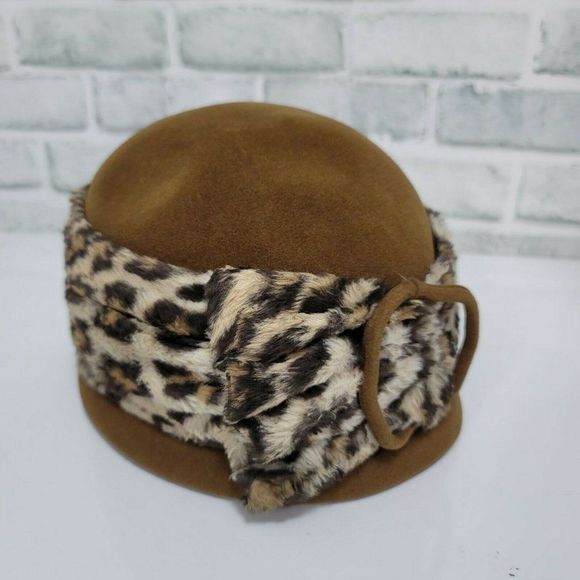 Vintage MARZI Firenze Designer Brown Felt Cloche Hat Faux Fur Leopard Italy - Picture 6 of 10